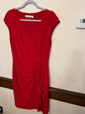 Evan Picone Red Ruched V-Neck Midi Dress